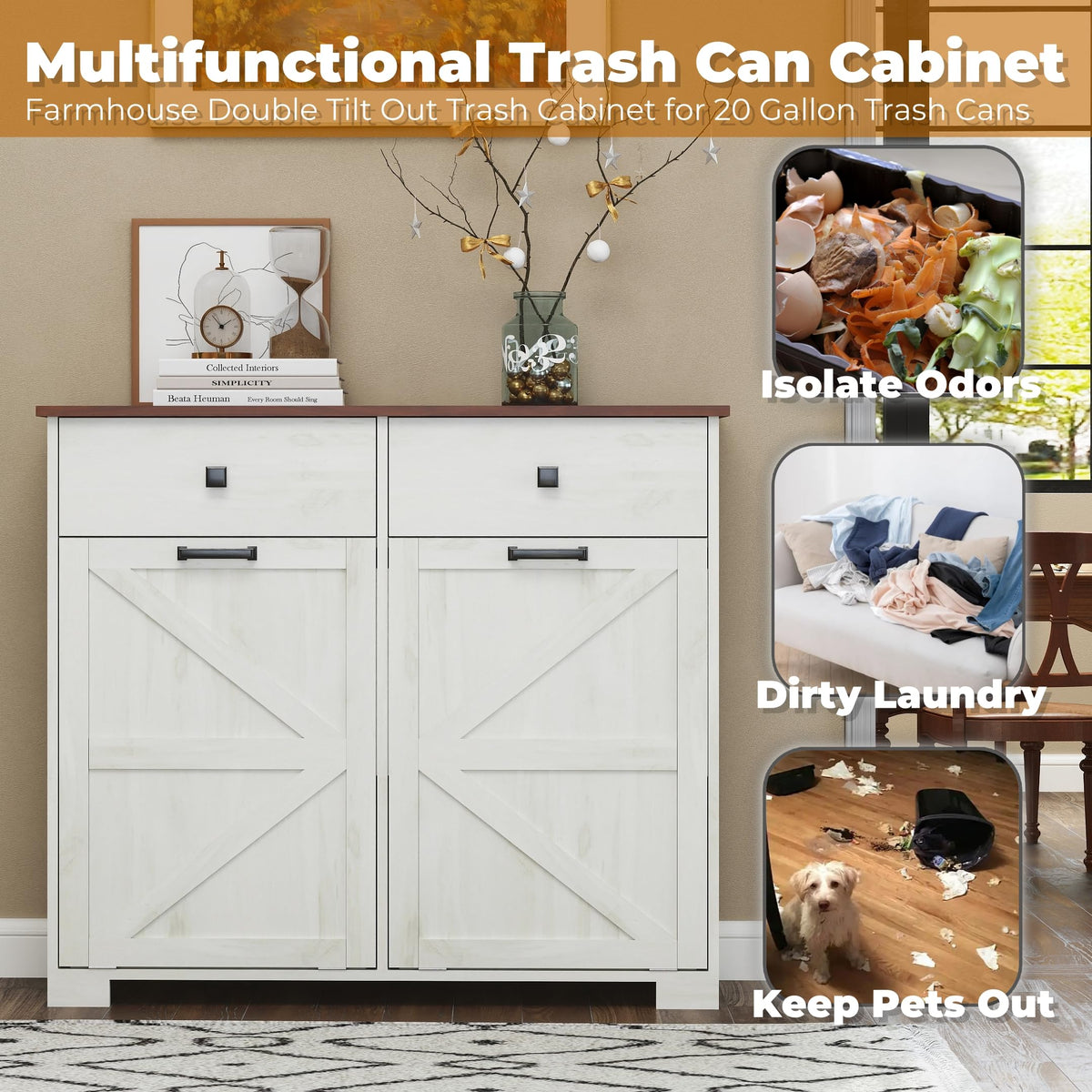 Antique White Wooden Tilt Out Trash Cabinet with 2 Storage Drawers U2595