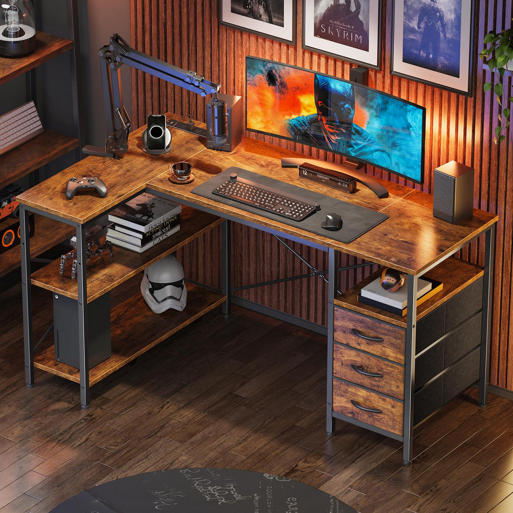 L Shaped Office Desk with Power Outlets & 3 Drawers E4577