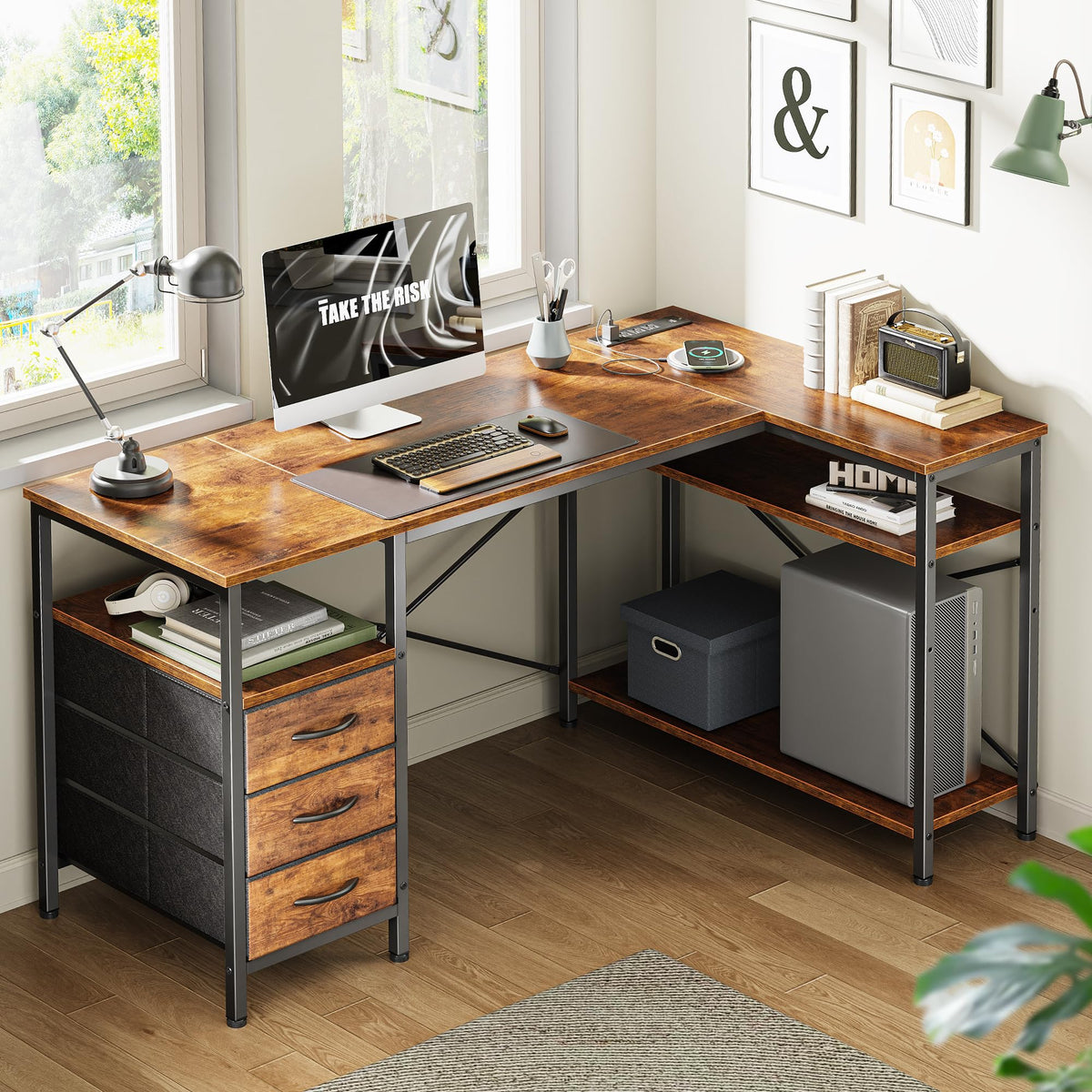 L Shaped Office Desk with Power Outlets & 3 Drawers E4577