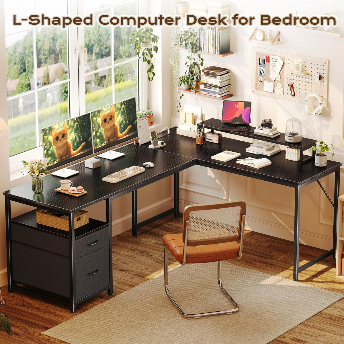 63 Inch L Shaped Desk with Power Outlets and USB-C Port, Black K178