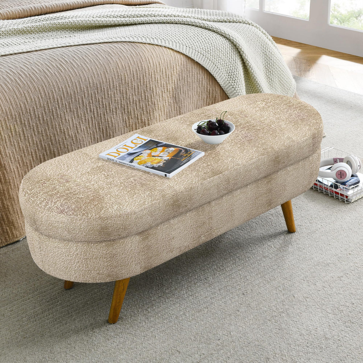 Oval Storage Bench with Rubber Wood Legs Gray J251